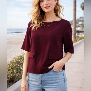 Theory Blouse with Pockets Maroon Burgundy Minimalist Old Money XS Petite